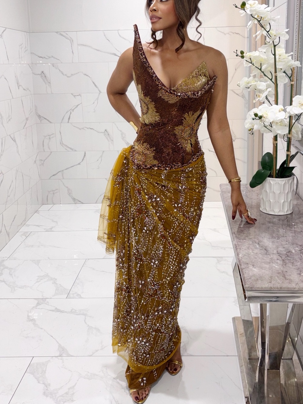 Custom avant garde Asymmetric One-Shoulder Beaded Evening Dress in Mustard Brown